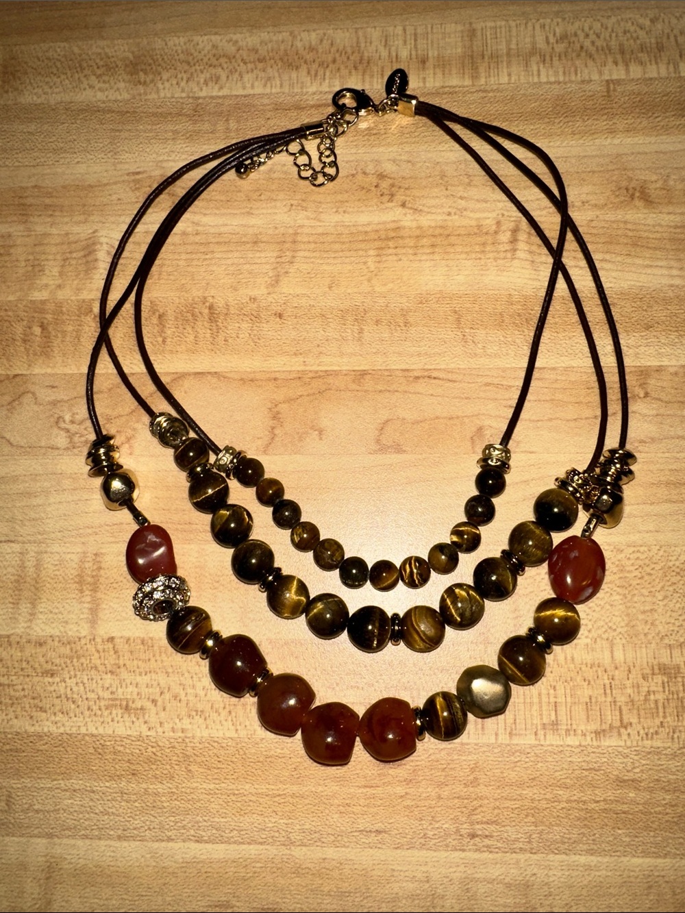 Chico's Layered Brown Tiger’s Eye and Gold Multi-Strand Necklace